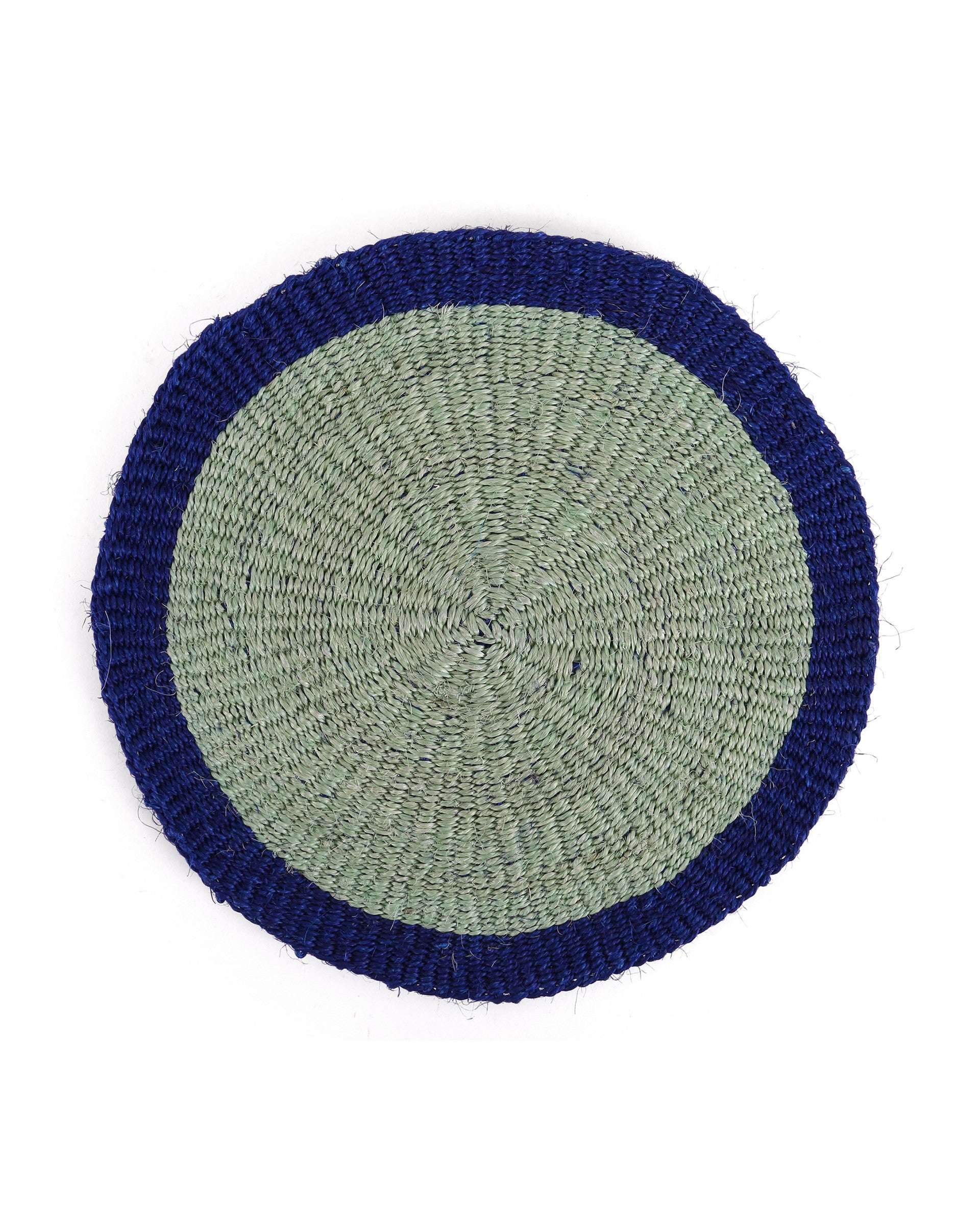 Round woven placemat with blue rim on a white background