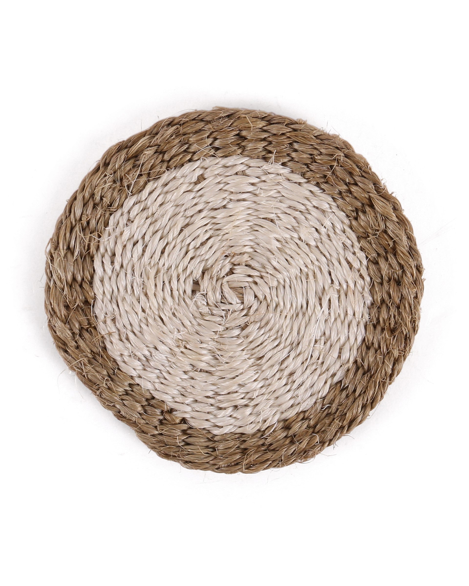 Round woven coaster with two-tone brown and beige design on a white background