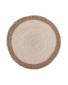 Round woven placemat with two-tone design on a white background