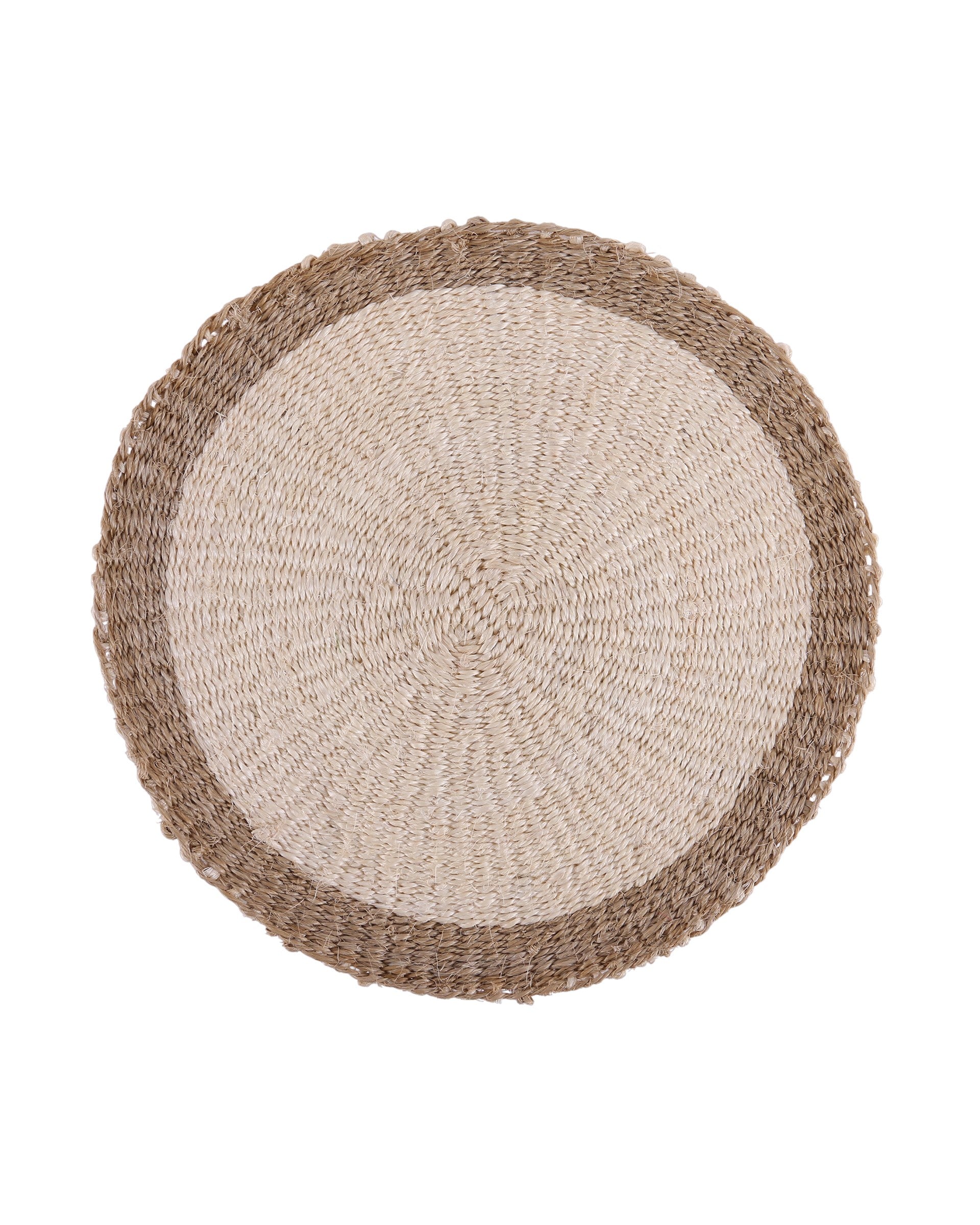 Round woven placemat with two-tone design on a white background